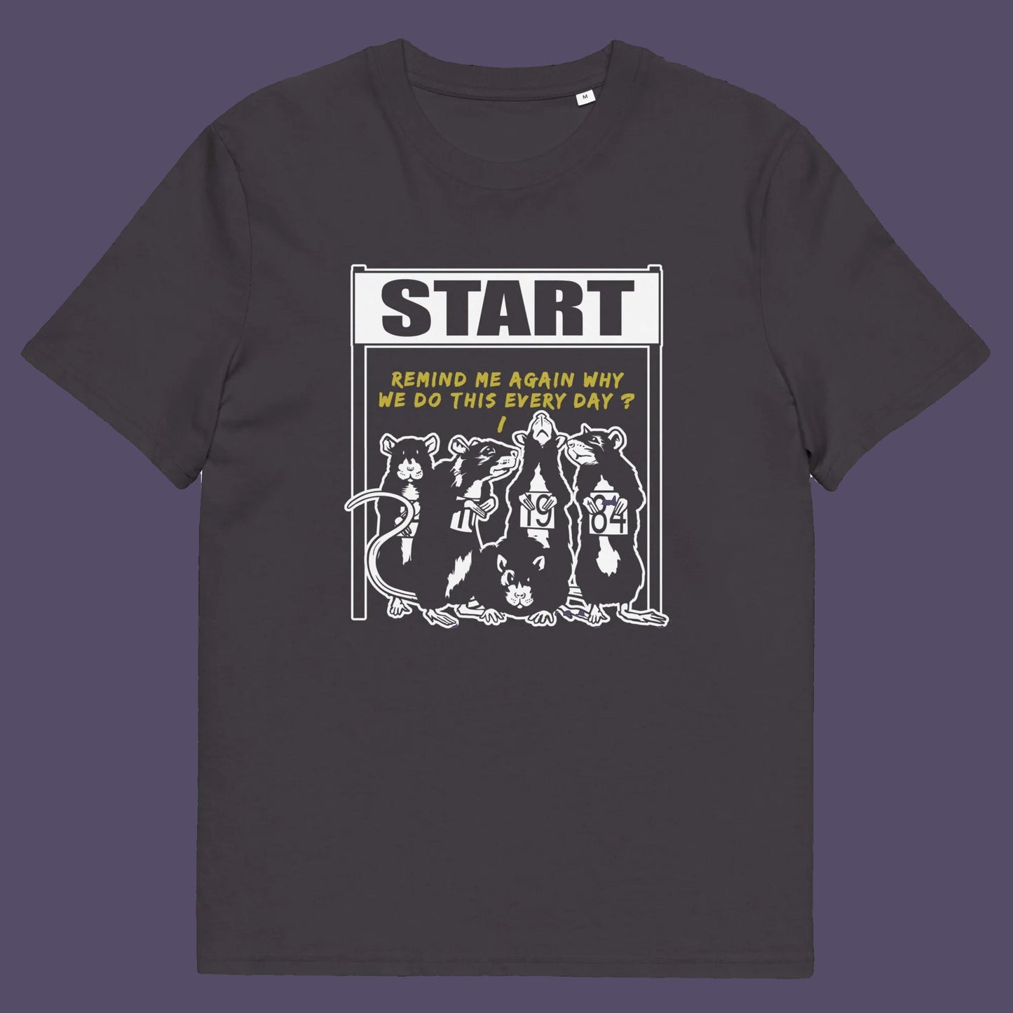Anthracite t shirt. This stencil graffiti t shirt represents the monotony of everyday working life. A unique satirical design for those times when life starts to feel a little repetitive, unnecessary, and questionable. Made from 100% organic ring-spun cotton, this urban art t shirt is unisex, high-quality, super comfy, and best of all, eco-friendly.