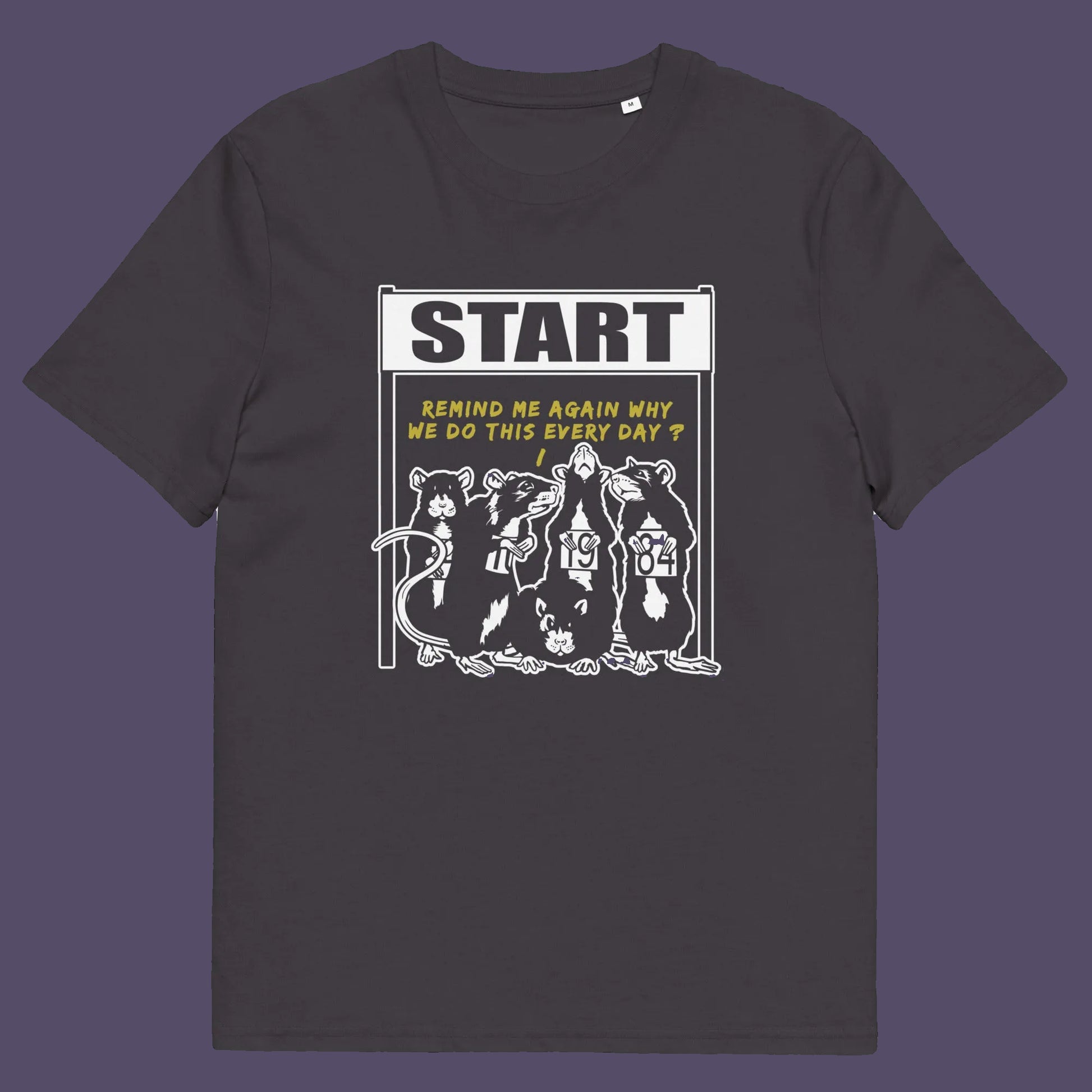 Anthracite t shirt. This stencil graffiti t shirt represents the monotony of everyday working life. A unique satirical design for those times when life starts to feel a little repetitive, unnecessary, and questionable. Made from 100% organic ring-spun cotton, this urban art t shirt is unisex, high-quality, super comfy, and best of all, eco-friendly.