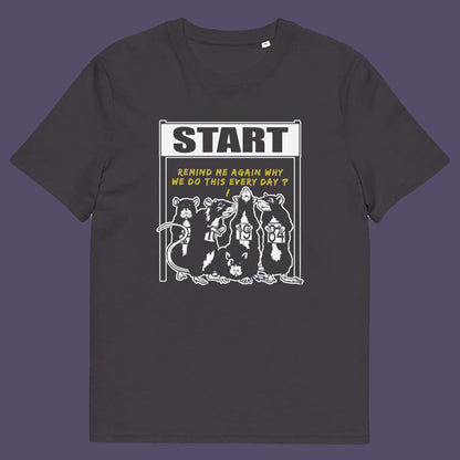 Anthracite t shirt. This stencil graffiti t shirt represents the monotony of everyday working life. A unique satirical design for those times when life starts to feel a little repetitive, unnecessary, and questionable. Made from 100% organic ring-spun cotton, this urban art t shirt is unisex, high-quality, super comfy, and best of all, eco-friendly.