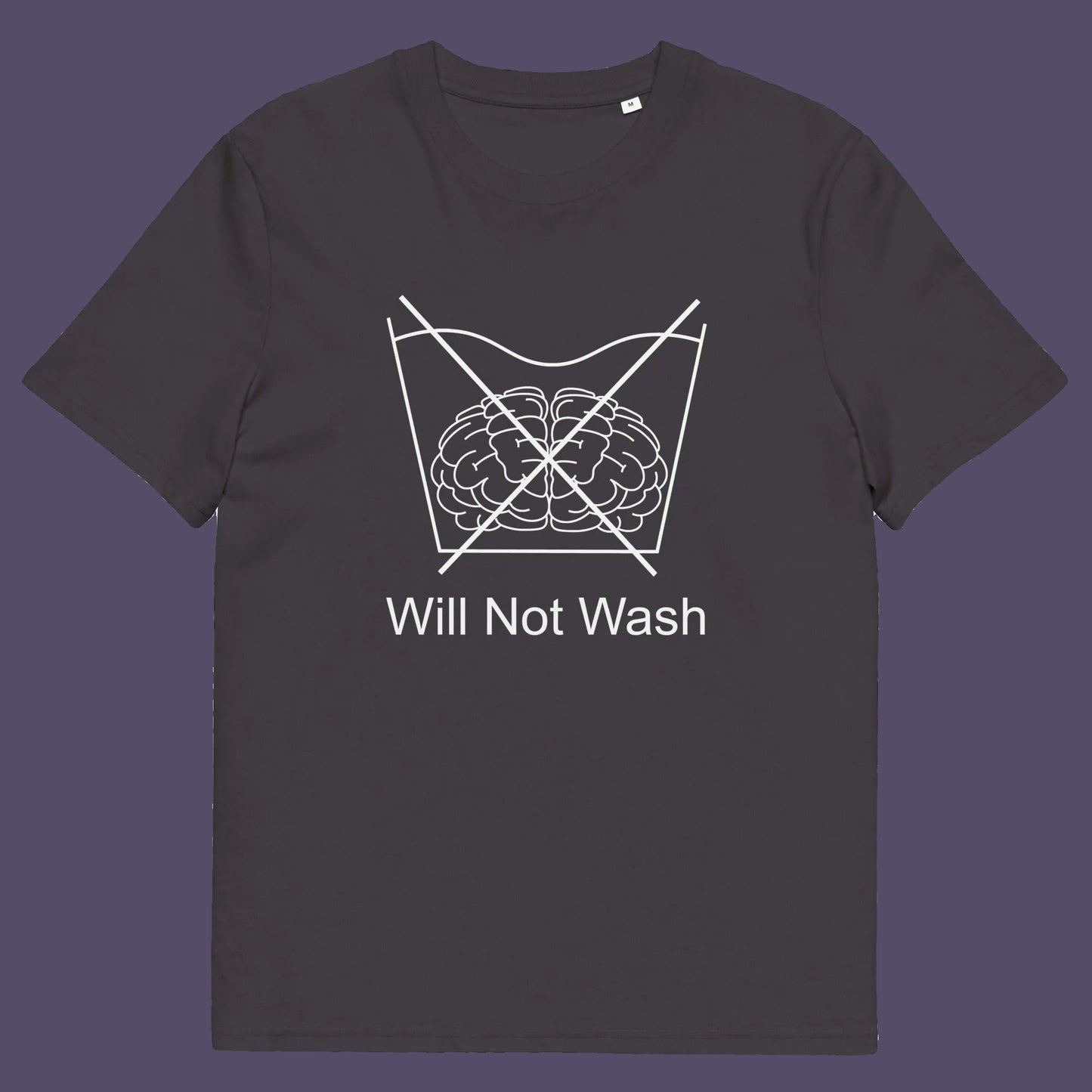 Anthracite t shirt. A self worth t shirt promoting a strong mind and a resistance to brainwashing. this unique anti-establishment t-shirt design is a play on washing instructions and highlights the mass influence and indoctrination in modern society. Made from 100% organic ring-spun cotton, this clever slogan t shirt is unisex, high-quality, super comfy, and best of all, eco-friendly.