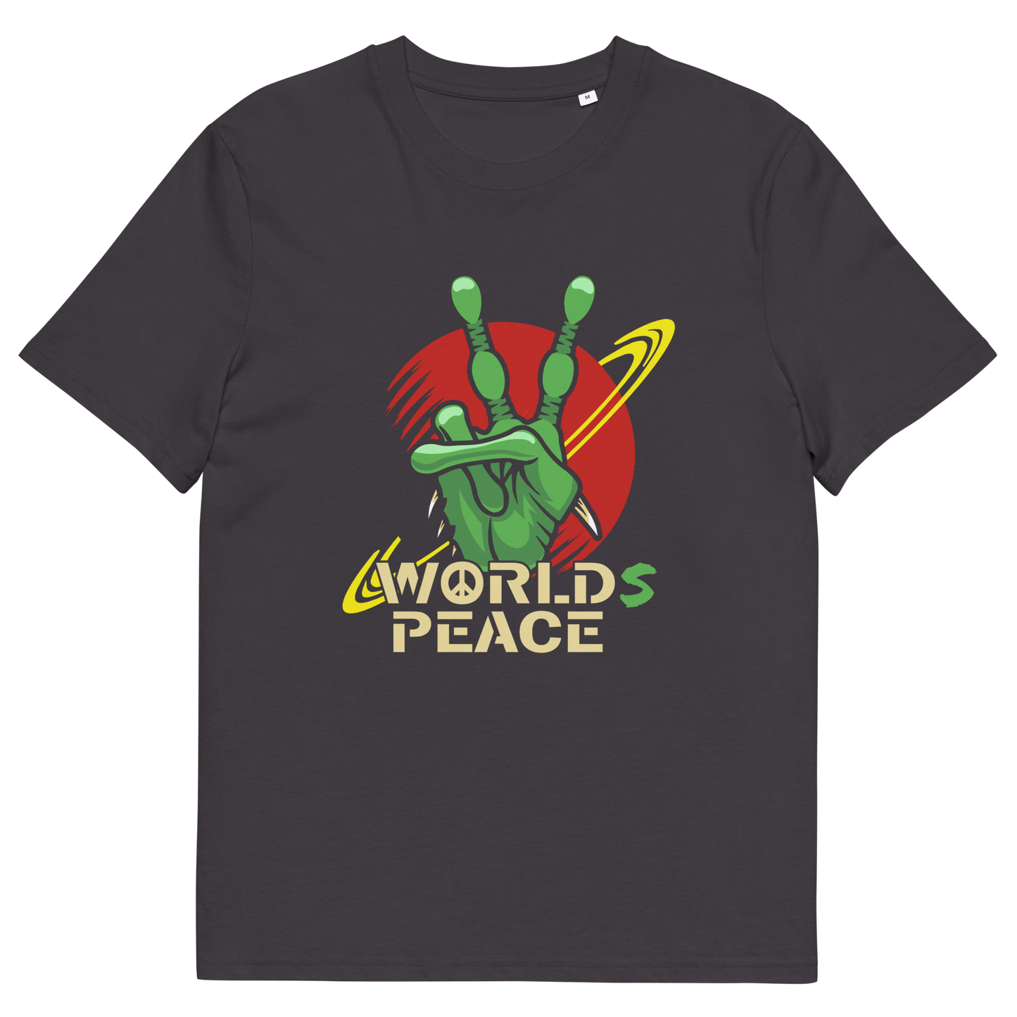 Anthracite t shirt. A world peace t shirt with an alien lovers twist. When we think of world peace lets not be selfish about it., lets include all Worlds. Made from 100% organic ring-spun cotton, this funny alien t shirt is unisex, high-quality, super comfy, and best of all, eco-friendly.
