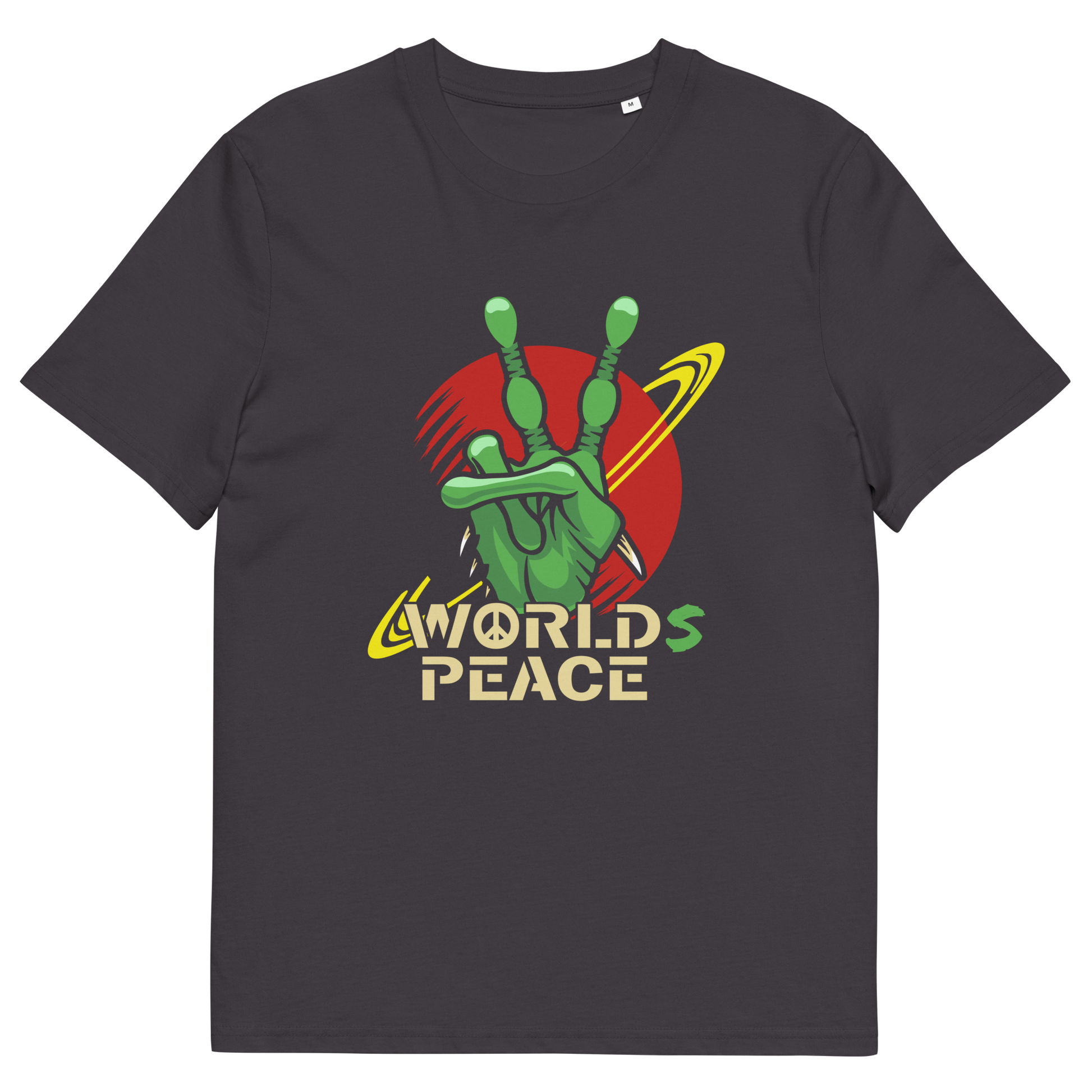 Anthracite t shirt. A world peace t shirt with an alien lovers twist. When we think of world peace lets not be selfish about it., lets include all Worlds. Made from 100% organic ring-spun cotton, this funny alien t shirt is unisex, high-quality, super comfy, and best of all, eco-friendly.