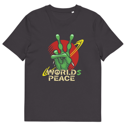 Anthracite t shirt. A world peace t shirt with an alien lovers twist. When we think of world peace lets not be selfish about it., lets include all Worlds. Made from 100% organic ring-spun cotton, this funny alien t shirt is unisex, high-quality, super comfy, and best of all, eco-friendly.