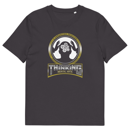 Anthracite t shirt. A sign of the times t shirt suggesting independent thinking is a forgotten art since we let machines think for us. Promote independent thinking with this some what sarcastic t-shirt. Made from 100% organic ring-spun cotton, this urban art t shirt is unisex, high-quality, super comfy, and best of all, eco-friendly.
