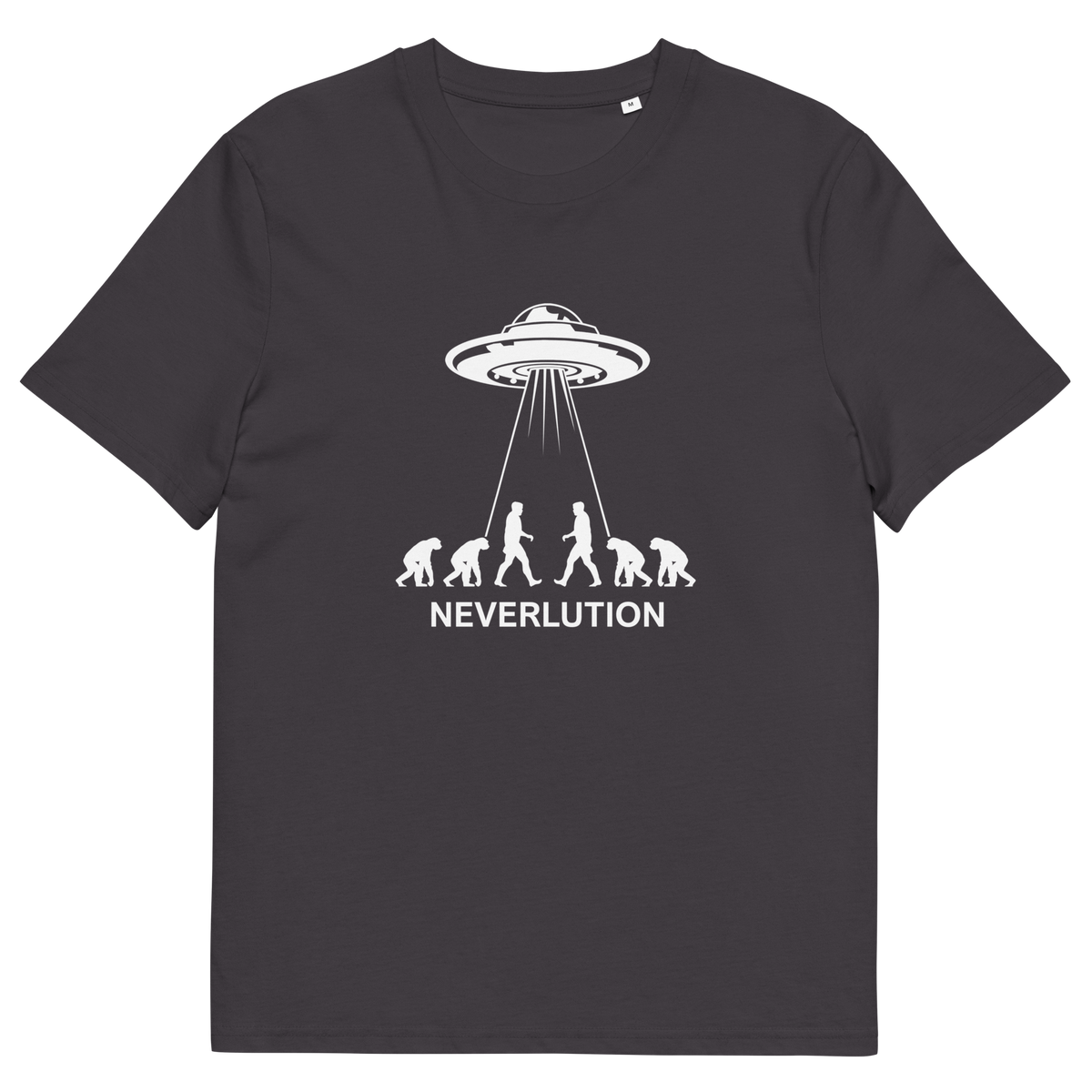 Anthracite t shirt. An alien conspiracy theory t-shirt suggesting a different path of our evolution. Did evolution never really happen the way we are told, or is there a more intergalactic and colourful answer ? Made from 100% organic ring-spun cotton, this conspiracy theory t-shirt is unisex, high-quality, super comfy, and best of all, eco-friendly.