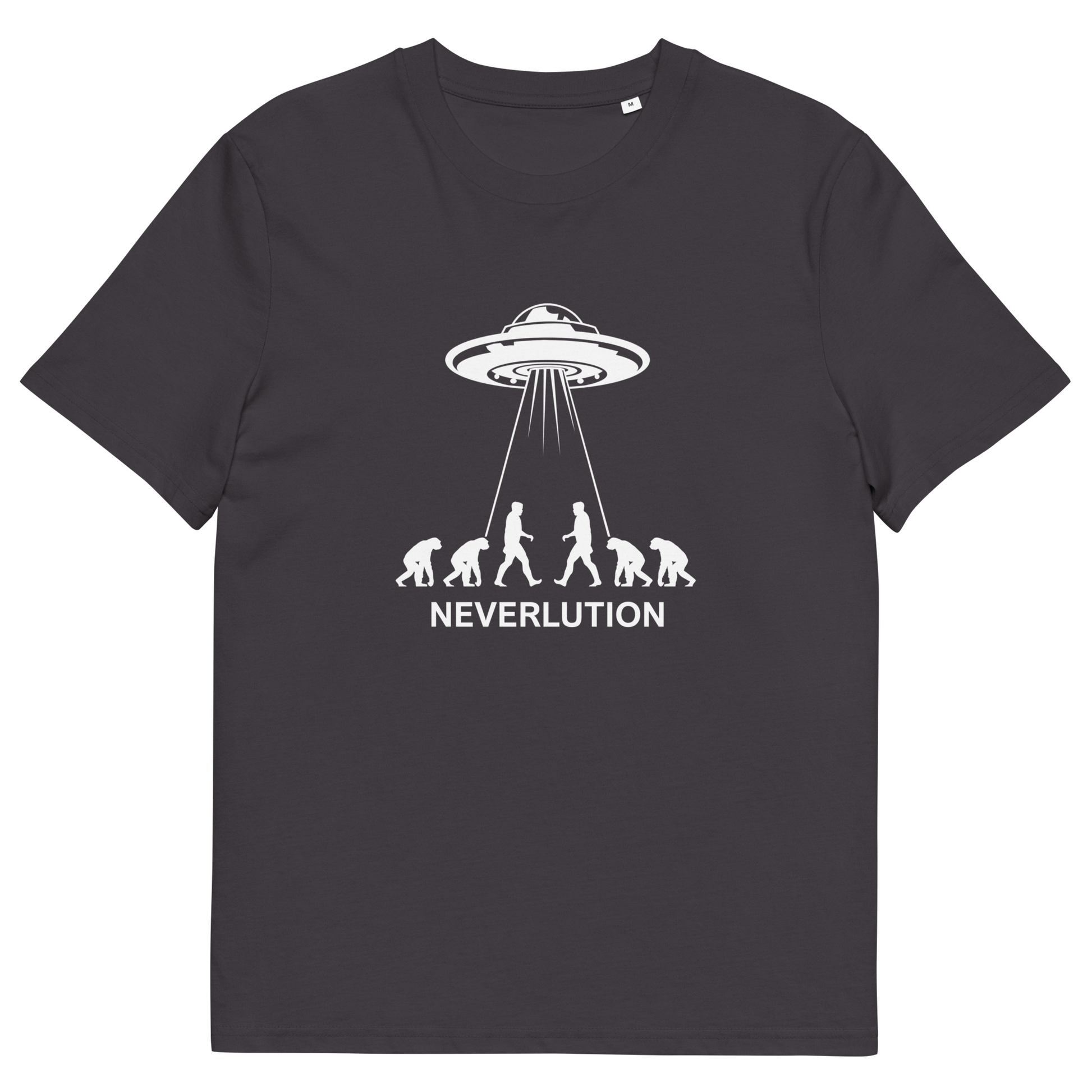 Anthracite t shirt. An alien conspiracy theory t-shirt suggesting a different path of our evolution. Did evolution never really happen the way we are told, or is there a more intergalactic and colourful answer ? Made from 100% organic ring-spun cotton, this conspiracy theory t-shirt is unisex, high-quality, super comfy, and best of all, eco-friendly.