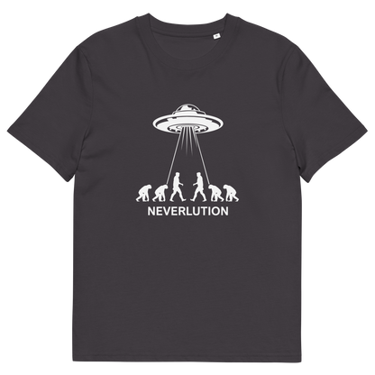 Anthracite t shirt. An alien conspiracy theory t-shirt suggesting a different path of our evolution. Did evolution never really happen the way we are told, or is there a more intergalactic and colourful answer ? Made from 100% organic ring-spun cotton, this conspiracy theory t-shirt is unisex, high-quality, super comfy, and best of all, eco-friendly.