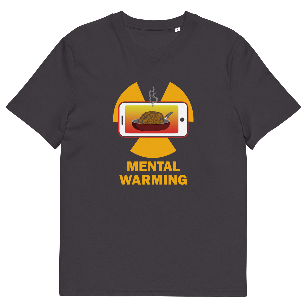 Anthracite t shirt. A save the environment t shirt looking at the affects of microwaves on the brain. If you are worried about global warming, look at what are we doing to our minds. This anti smart phone design reminds people that environmental issues are not our only concern. Made from 100% organic ring-spun cotton, this social awareness t-shirt is unisex, high-quality, super comfy, and best of all, eco-friendly.