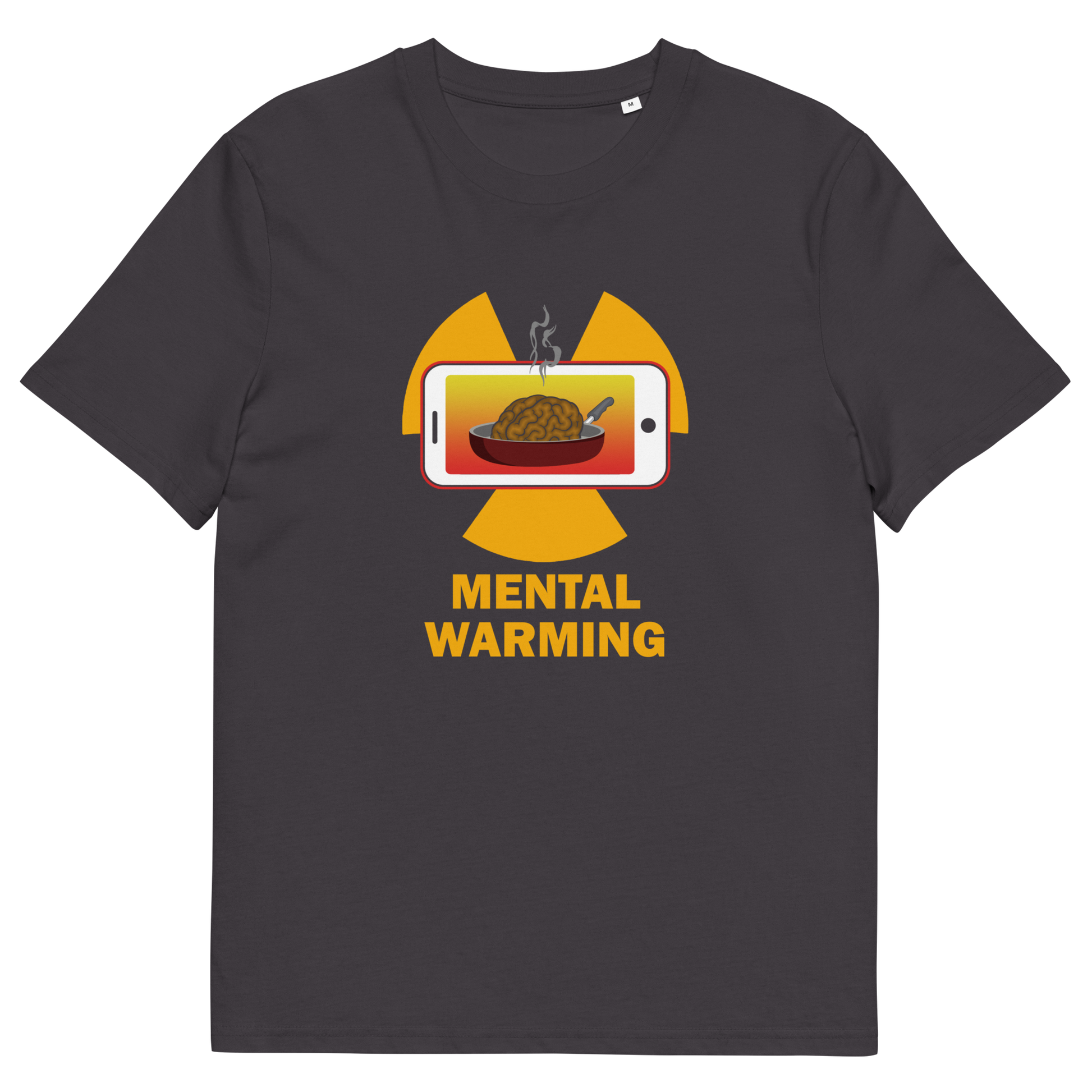 Anthracite t shirt. A save the environment t shirt looking at the affects of microwaves on the brain. If you are worried about global warming, look at what are we doing to our minds. This anti smart phone design reminds people that environmental issues are not our only concern. Made from 100% organic ring-spun cotton, this social awareness t-shirt is unisex, high-quality, super comfy, and best of all, eco-friendly.