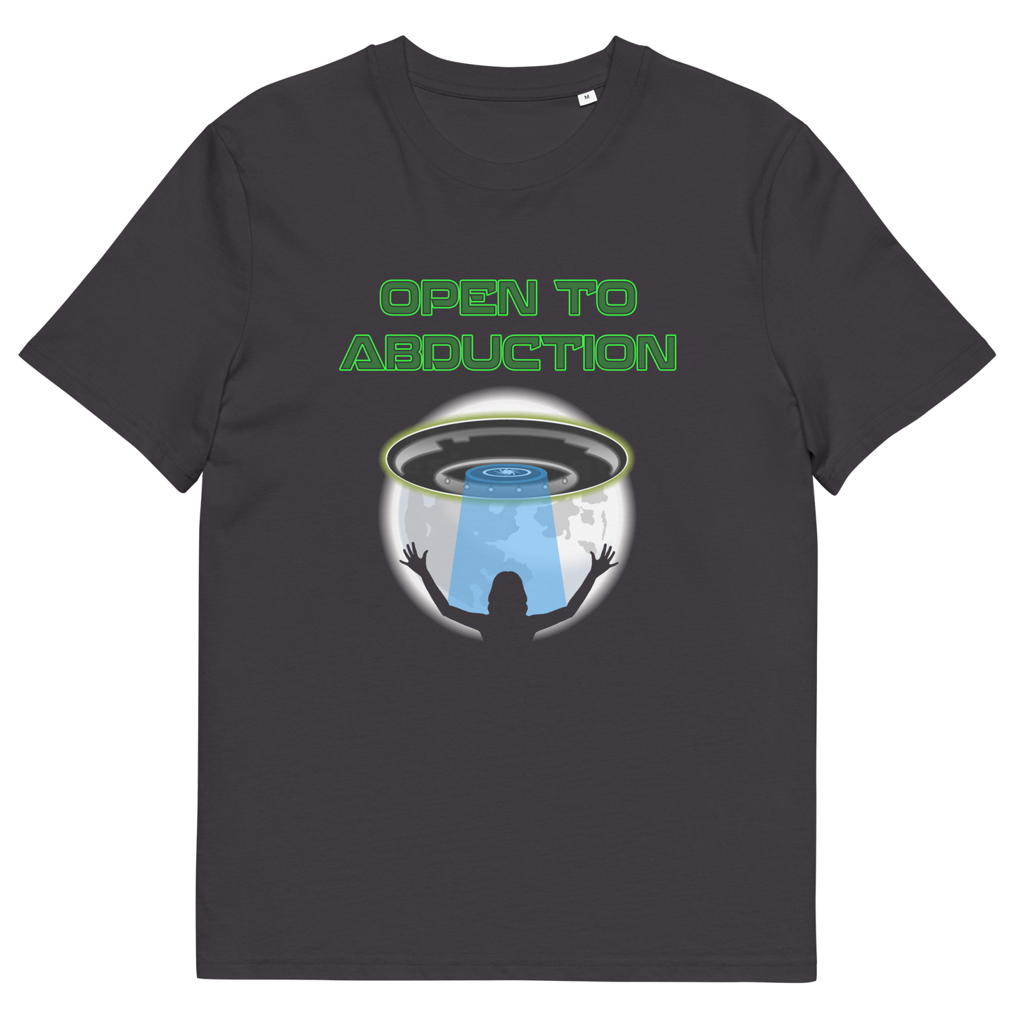 Anthracite t shirt. A funny alien abduction t shirt design for those who feel a distance forming between them and the rest of the human race, and are not too impressed with our lack of effort to save the planet. This funny alien t shirt design is for all those who are open to hitching a lift off this rock. This design depicts a woman open to abduction. Made from 100% organic ring-spun cotton, this alien abduction t shirt is unisex, high-quality, super comfy, and best of all, eco-friendly.
