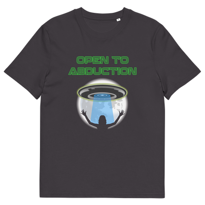 Anthracite t shirt. A funny alien abduction t shirt design for those who feel a distance forming between them and the rest of the human race, and are not too impressed with our lack of effort to save the planet. This funny alien t shirt design is for all those who are open to hitching a lift off this rock. This design depicts a woman open to abduction. Made from 100% organic ring-spun cotton, this alien abduction t shirt is unisex, high-quality, super comfy, and best of all, eco-friendly.