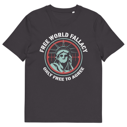 Anthracite t shirt. This civil liberties t shirt suggests that the 'Free World' label we give our society is a fallacy, and we are only free until we start to disagree with the status quo. This design highlights how are civil liberties are constantly being reduced and how the people's voice is being muted. Made from 100% organic ring-spun cotton, this human rights t shirt is unisex, high-quality, super comfy, and best of all, eco-friendly.