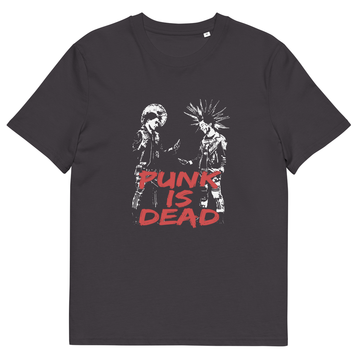 An anthracite short-sleeve t-shirt with a graphic print of two punk figures facing each other above the text 'PUNK IS DEAD' in red distressed lettering, shown on a plain white background.