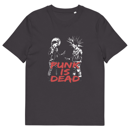 An anthracite short-sleeve t-shirt with a graphic print of two punk figures facing each other above the text 'PUNK IS DEAD' in red distressed lettering, shown on a plain white background.