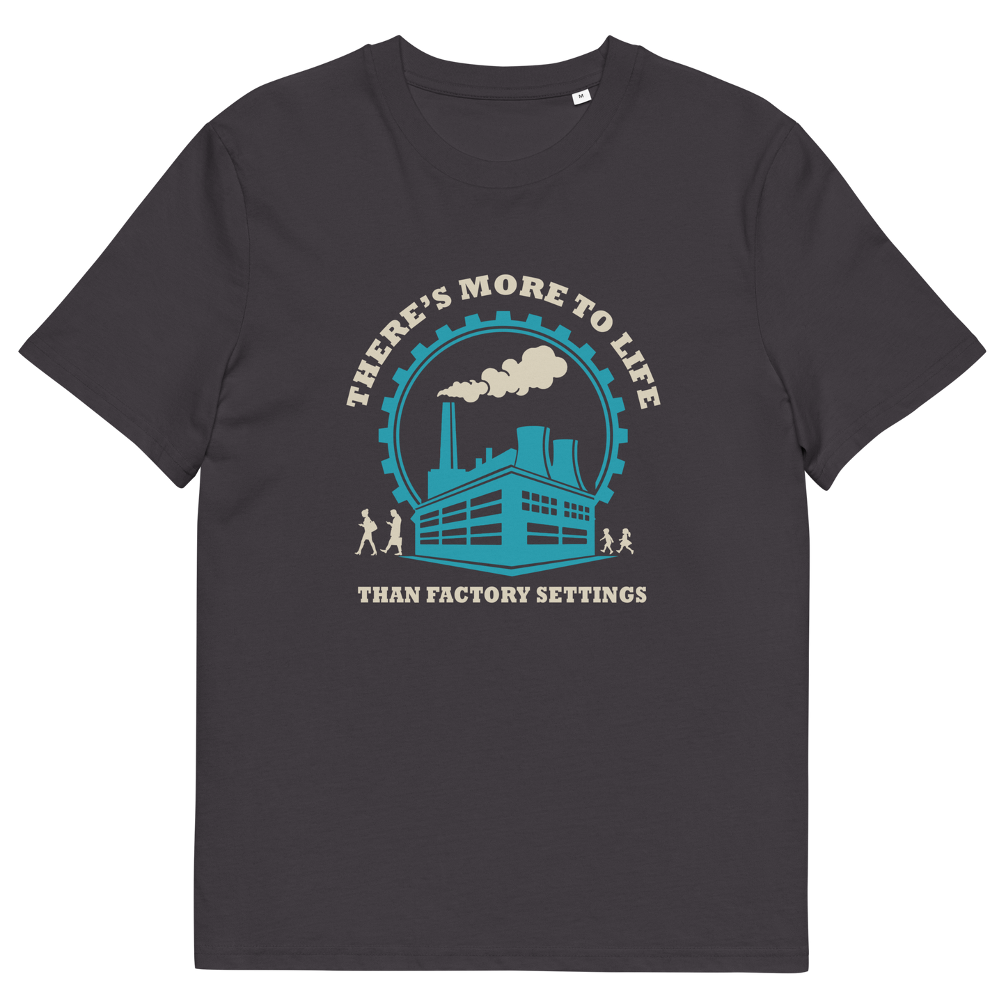 An anthracite short-sleeve t-shirt with a graphic print on the front. The graphic features a teal and cream illustration of a factory building with smoke coming from its chimneys, enclosed by a circular gear outline.