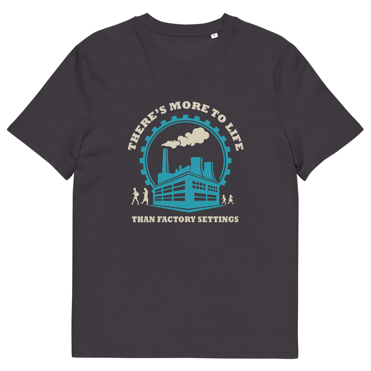 An anthracite short-sleeve t-shirt with a graphic print on the front. The graphic features a teal and cream illustration of a factory building with smoke coming from its chimneys, enclosed by a circular gear outline.