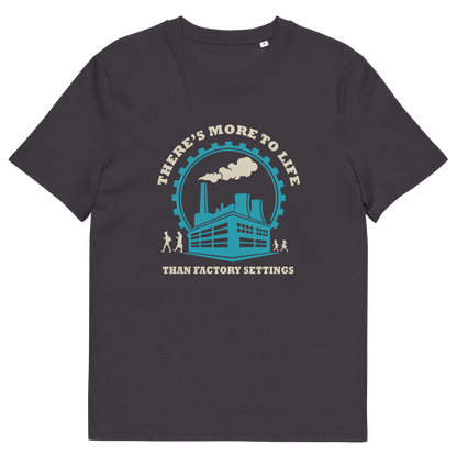 An anthracite short-sleeve t-shirt with a graphic print on the front. The graphic features a teal and cream illustration of a factory building with smoke coming from its chimneys, enclosed by a circular gear outline.