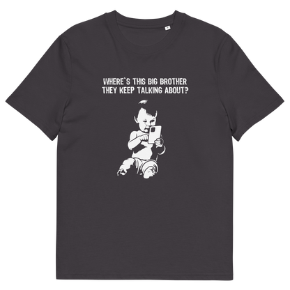 An anthracite short-sleeve t-shirt with a white graphic print of a baby holding a phone and the text 'WHERE'S THIS BIG BROTHER THEY KEEP TALKING ABOUT?' on the chest, displayed on a clean white background.