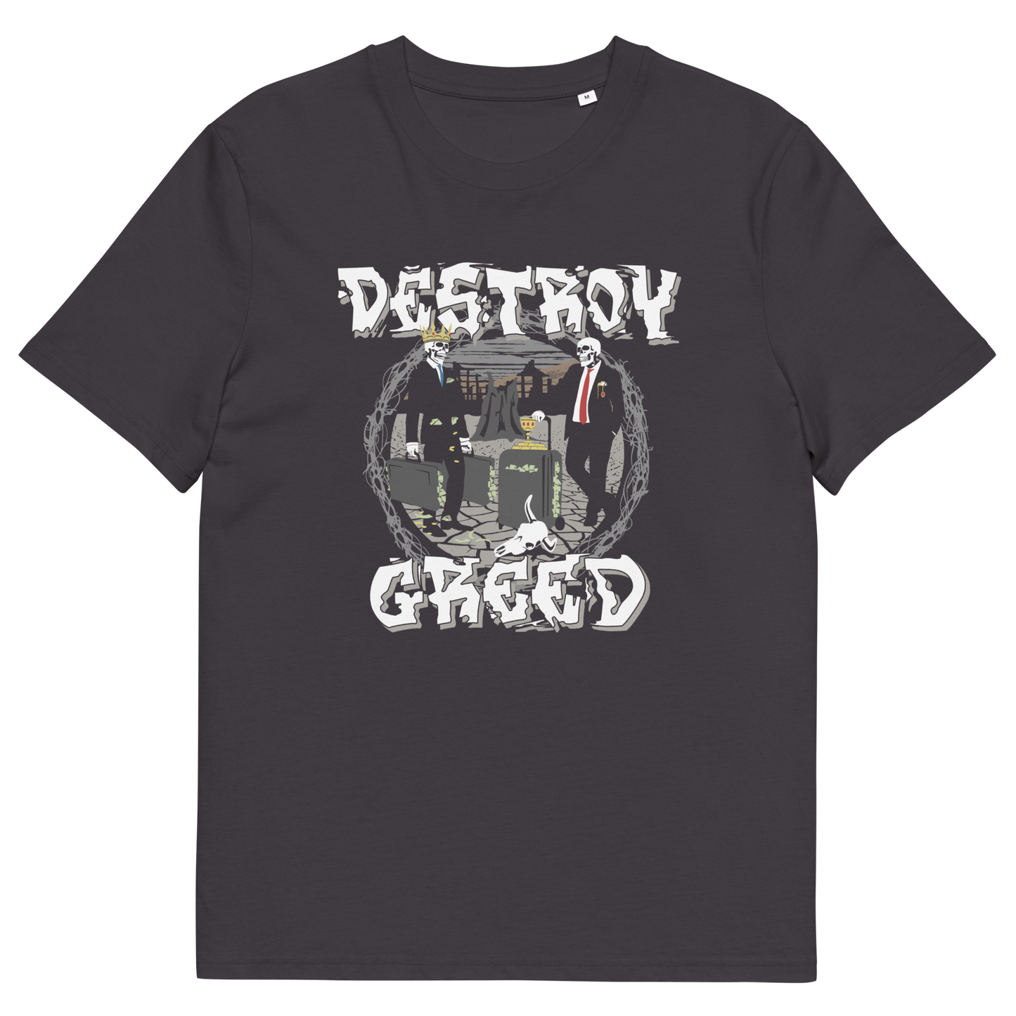 An anthracite crewneck t-shirt featuring a graphic print on the front. The graphic displays the text 'DESTROY GREED' in a distressed white font, framing an illustration of three anime characters (from My Hero Academia) in suits standing in front of a broken chain.