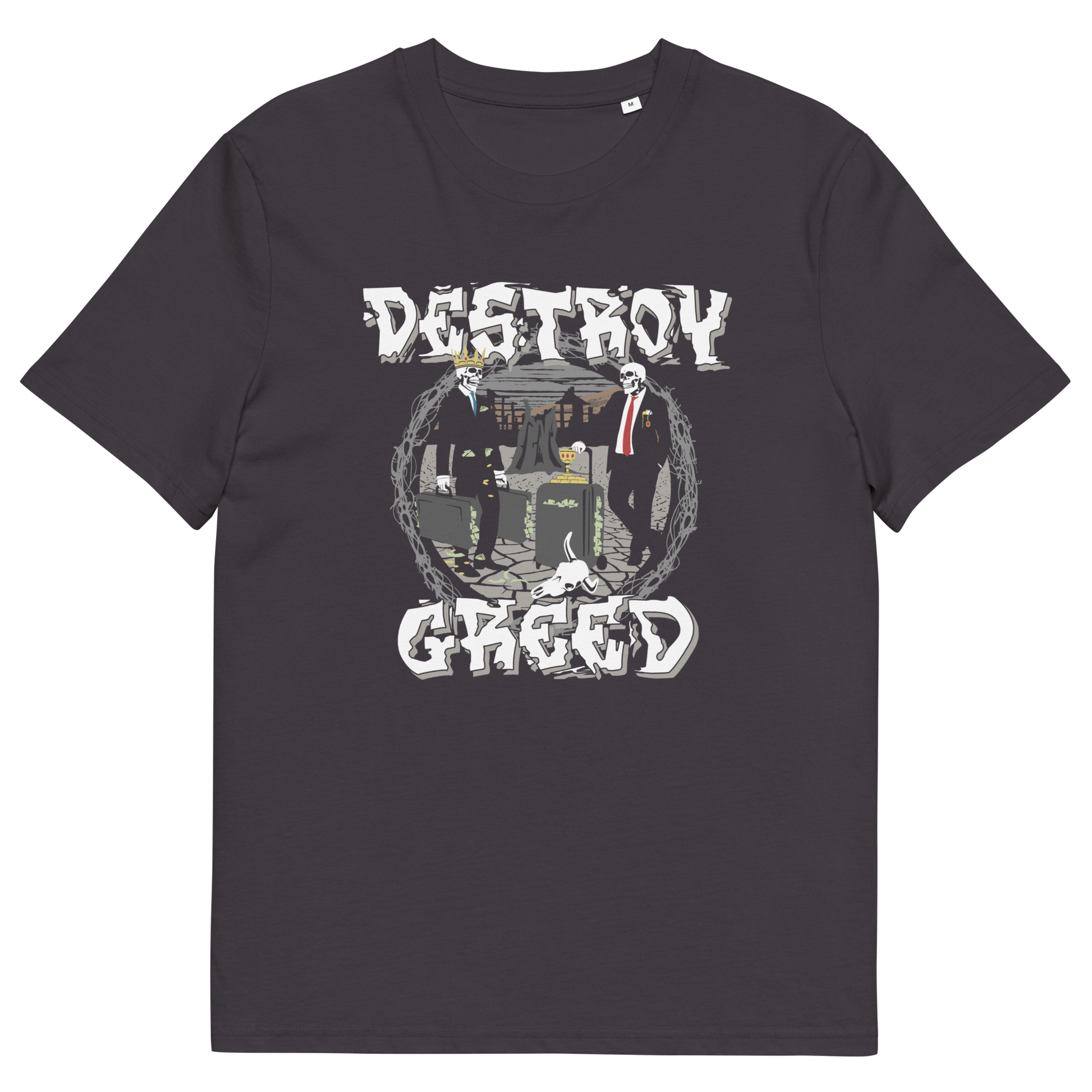 An anthracite crewneck t-shirt featuring a graphic print on the front. The graphic displays the text 'DESTROY GREED' in a distressed white font, framing an illustration of three anime characters (from My Hero Academia) in suits standing in front of a broken chain.