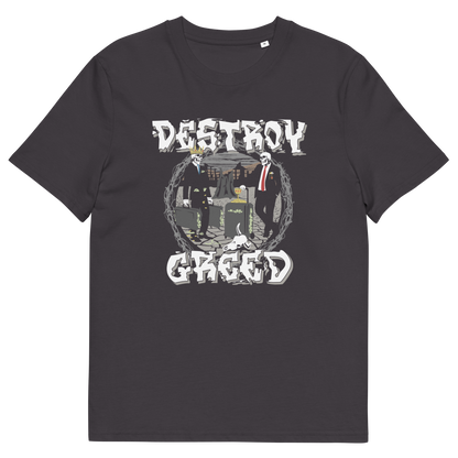 An anthracite crewneck t-shirt featuring a graphic print on the front. The graphic displays the text 'DESTROY GREED' in a distressed white font, framing an illustration of three anime characters (from My Hero Academia) in suits standing in front of a broken chain.