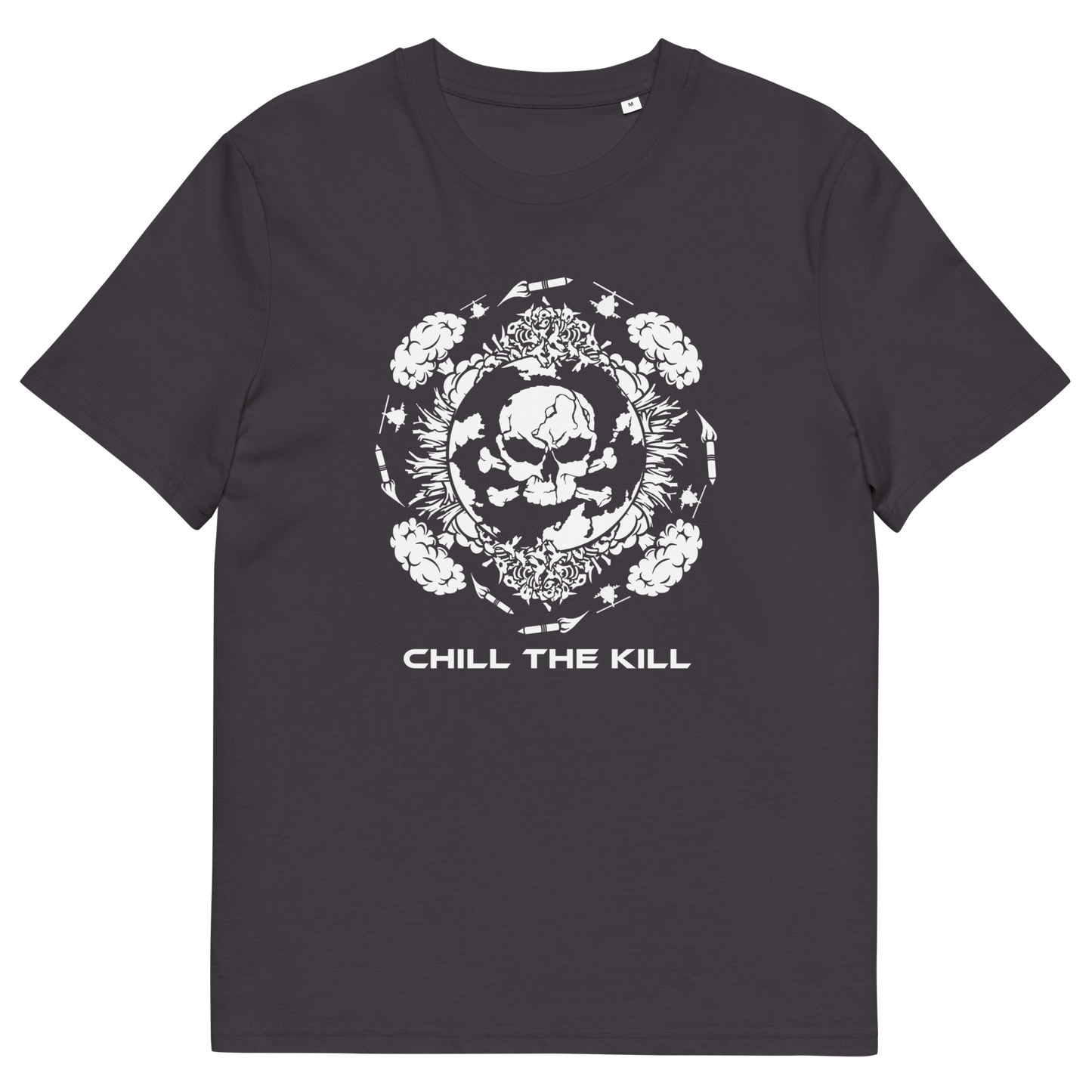 An anthracite crewneck t-shirt with a white graphic print of a skull inside a floral wreath and the text 'CHILL THE KILL' printed below it.