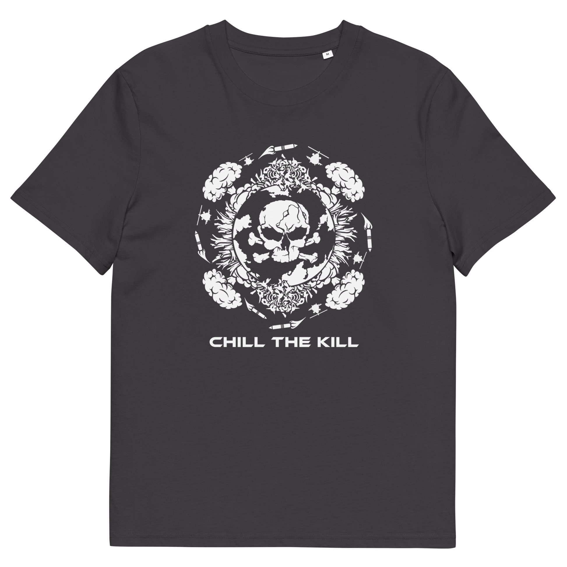 An anthracite crewneck t-shirt with a white graphic print of a skull inside a floral wreath and the text 'CHILL THE KILL' printed below it.