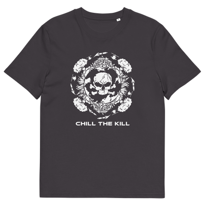 An anthracite crewneck t-shirt with a white graphic print of a skull inside a floral wreath and the text 'CHILL THE KILL' printed below it.