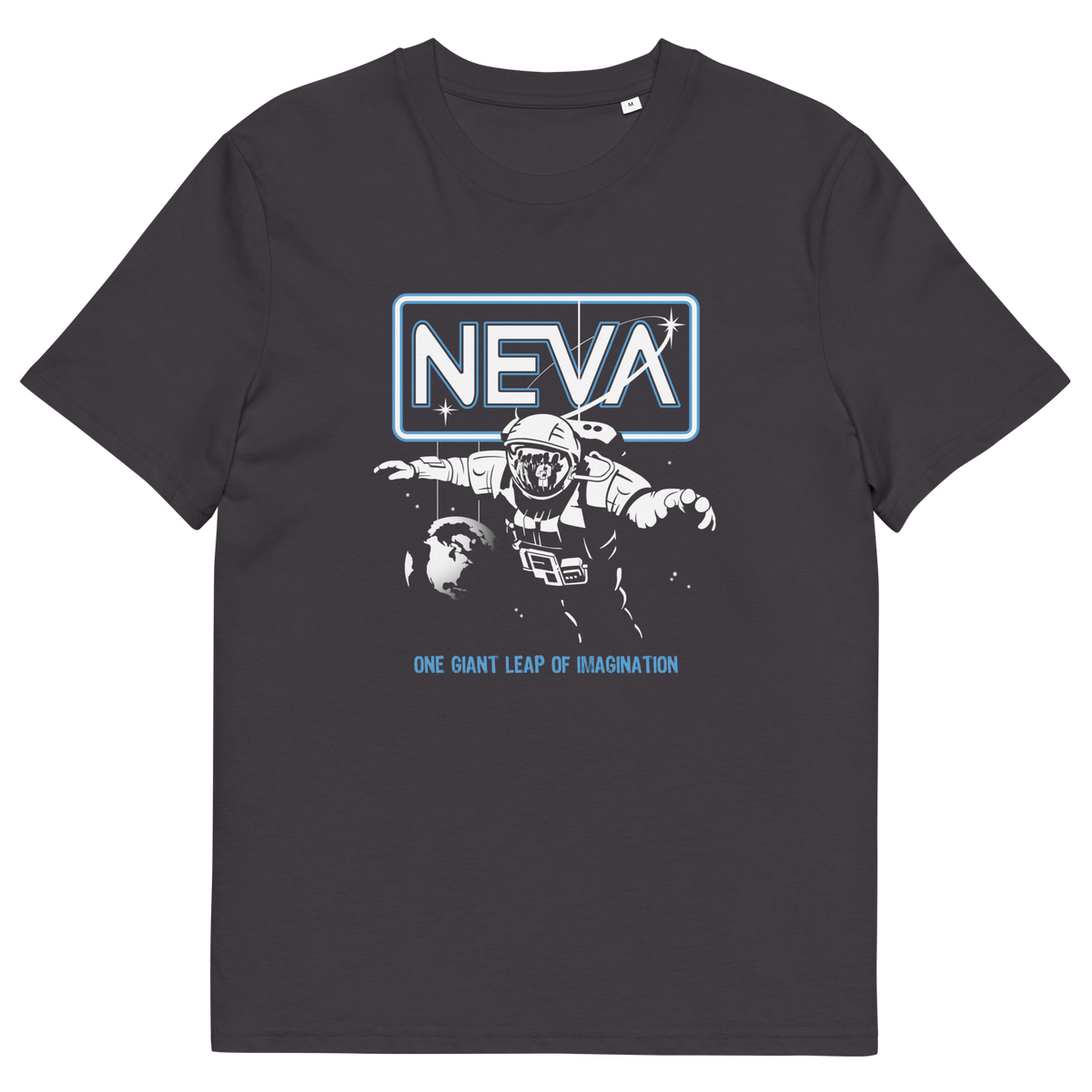 A dark charcoal gray crewneck t-shirt featuring a graphic print of an astronaut floating in space under a glowing 'NEVA' sign, with the text 'ONE GIANT LEAP OF IMAGINATION' printed below in light blue.