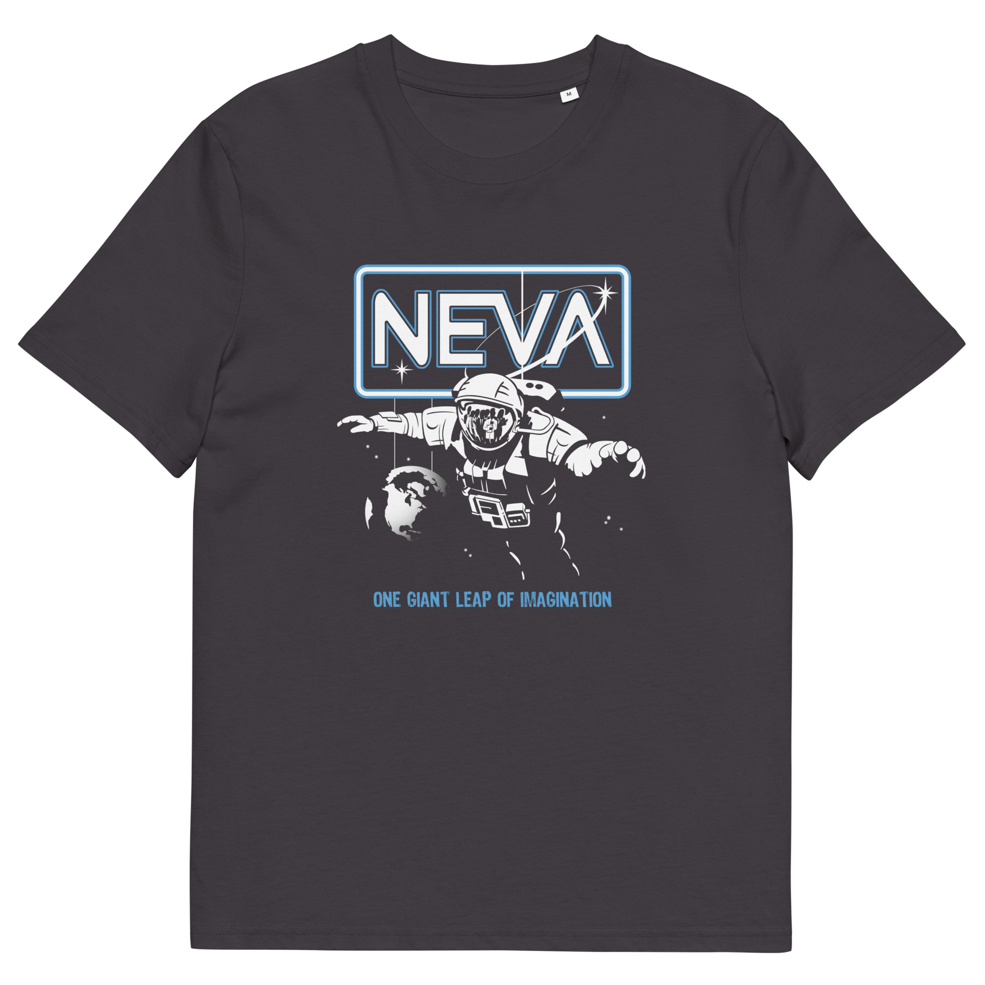 A dark charcoal gray crewneck t-shirt featuring a graphic print of an astronaut floating in space under a glowing 'NEVA' sign, with the text 'ONE GIANT LEAP OF IMAGINATION' printed below in light blue.