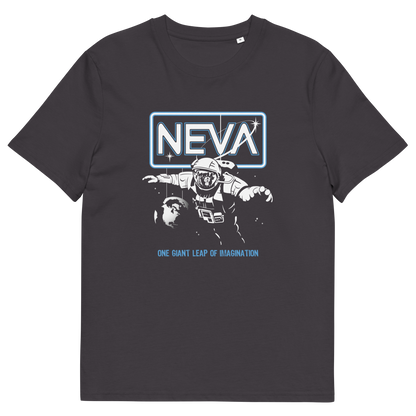 A dark charcoal gray crewneck t-shirt featuring a graphic print of an astronaut floating in space under a glowing 'NEVA' sign, with the text 'ONE GIANT LEAP OF IMAGINATION' printed below in light blue.