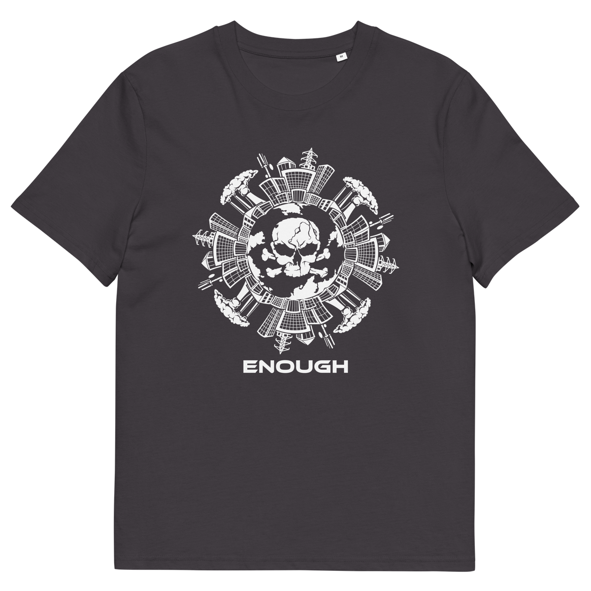 An anthracite coloured short-sleeve t-shirt with a white circular graphic on the chest featuring a skull and the word 'ENOUGH' printed below it.