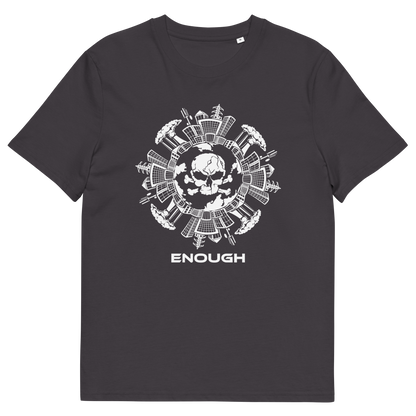 An anthracite coloured short-sleeve t-shirt with a white circular graphic on the chest featuring a skull and the word 'ENOUGH' printed below it.