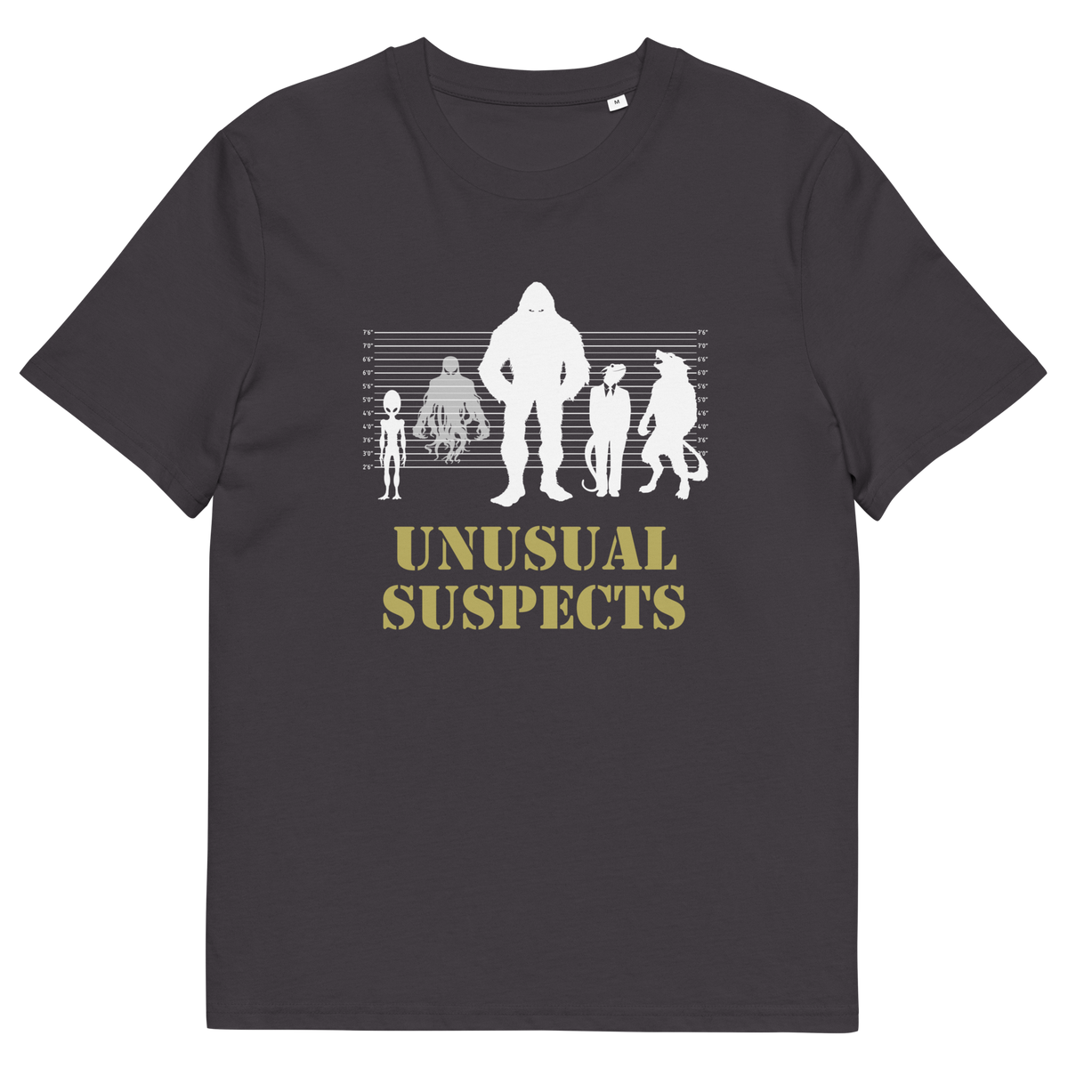 An anthracite grey short-sleeve t-shirt with a graphic print of various Bigfoot-like figures on a height chart and the text 'UNUSUAL SUSPECTS' in yellow, shown on a plain white background.