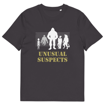 An anthracite grey short-sleeve t-shirt with a graphic print of various Bigfoot-like figures on a height chart and the text 'UNUSUAL SUSPECTS' in yellow, shown on a plain white background.