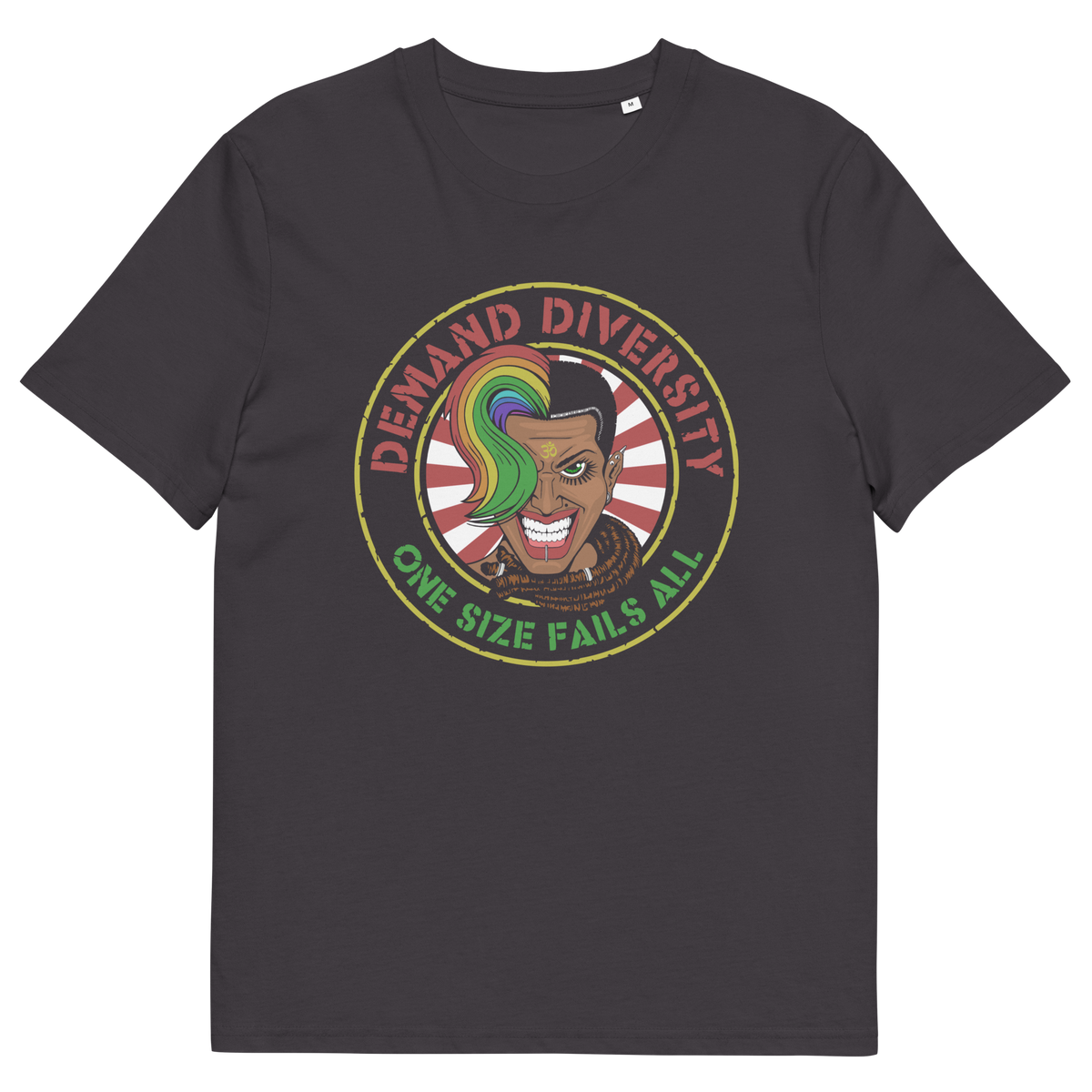 An anthracite coloured t shirt with a  Demand diversity logo.