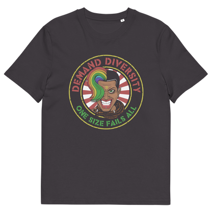 An anthracite coloured t shirt with a  Demand diversity logo.