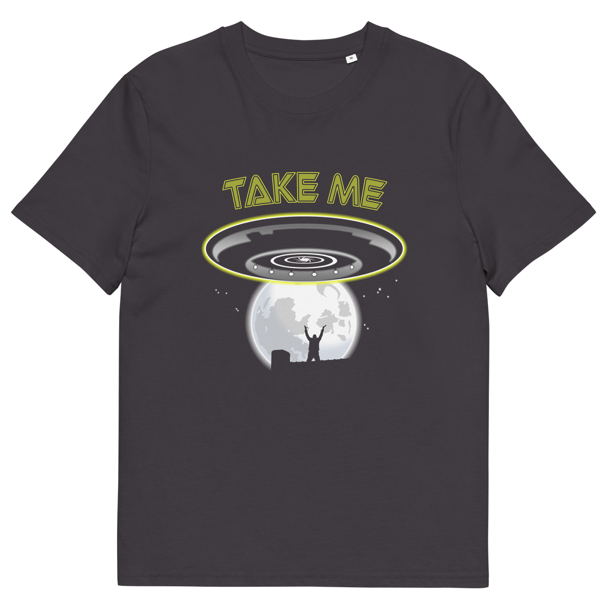 An anthracite t shirt with a spaceship design and "TAKE ME" text.