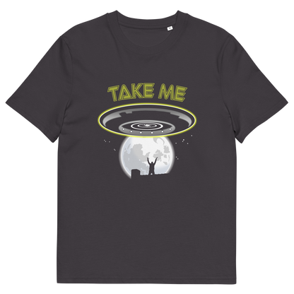 An anthracite t shirt with a spaceship design and "TAKE ME" text.