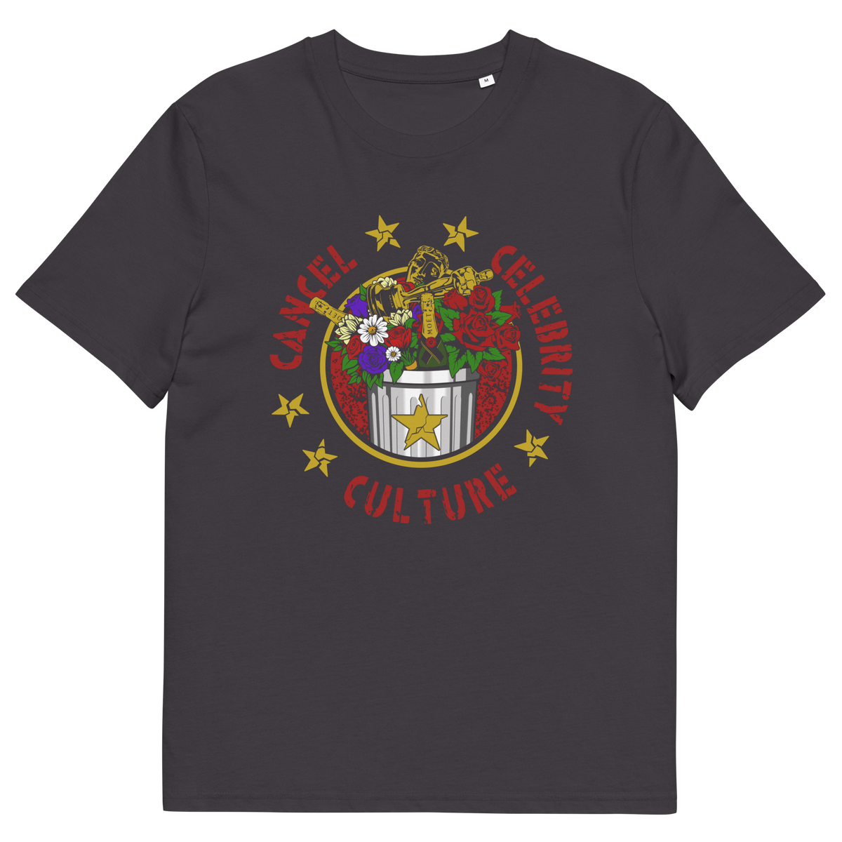 Anthracite t shirt  with "CANCEL CELEBRITY CULTURE" text.