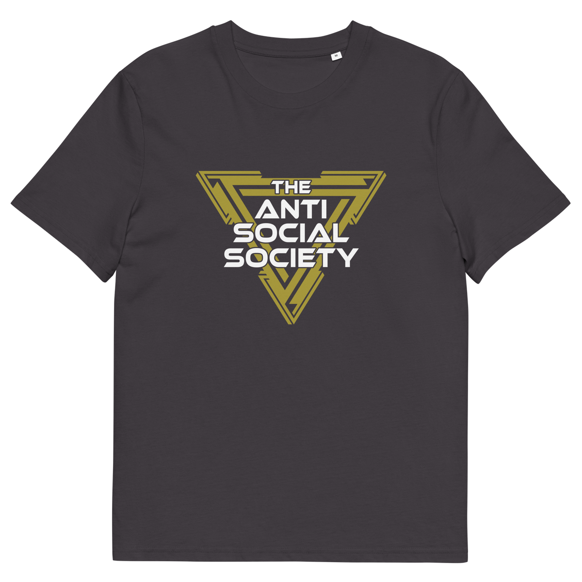 An anthracite grey t-shirt with a graphic on the chest reading 'THE ANTI SOCIAL SOCIETY' in white text inside a stylized gold triangular emblem, shown on a plain white background.