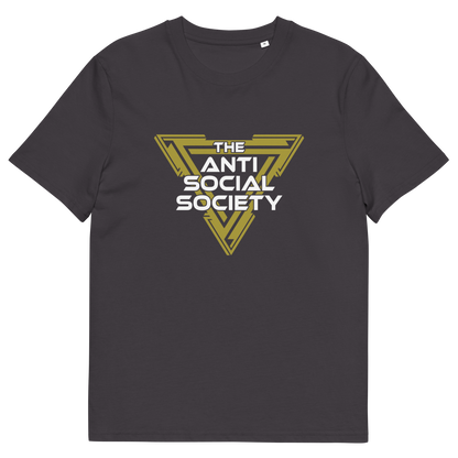 An anthracite grey t-shirt with a graphic on the chest reading 'THE ANTI SOCIAL SOCIETY' in white text inside a stylized gold triangular emblem, shown on a plain white background.