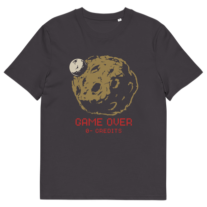 An Anthracite grey T-shirt with a dead planet design and "GAME OVER" text.