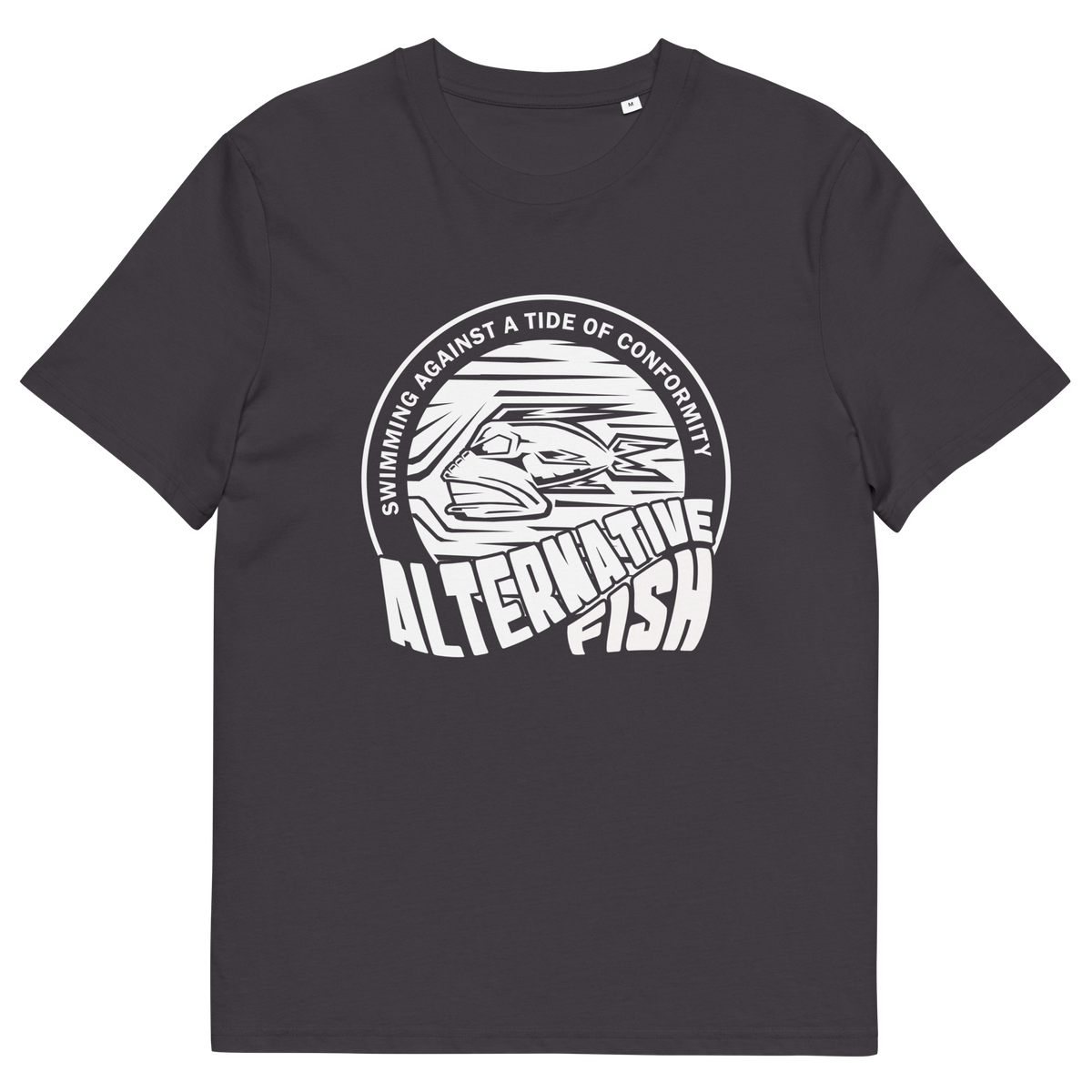 An anthracite grey T-shirt with An "ALTERNATIVE FISH" logo.