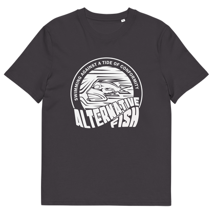An anthracite grey T-shirt with An "ALTERNATIVE FISH" logo.