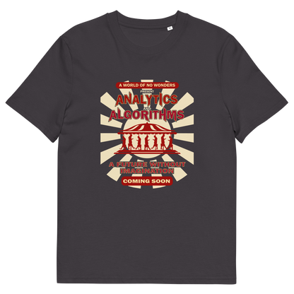 An anthracite grey t-shirt with an "AVALYTICS AND ALGORITHMS" spoof fairground poster design.