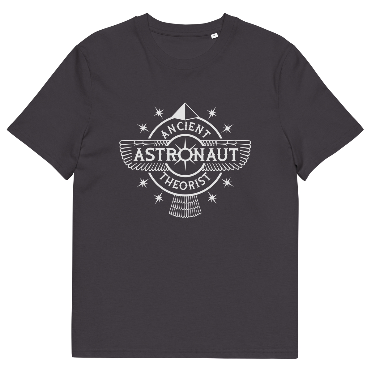 An anthracite grey t-shirt with "ANCIENT ASTRONAUT THEORIST" logo.