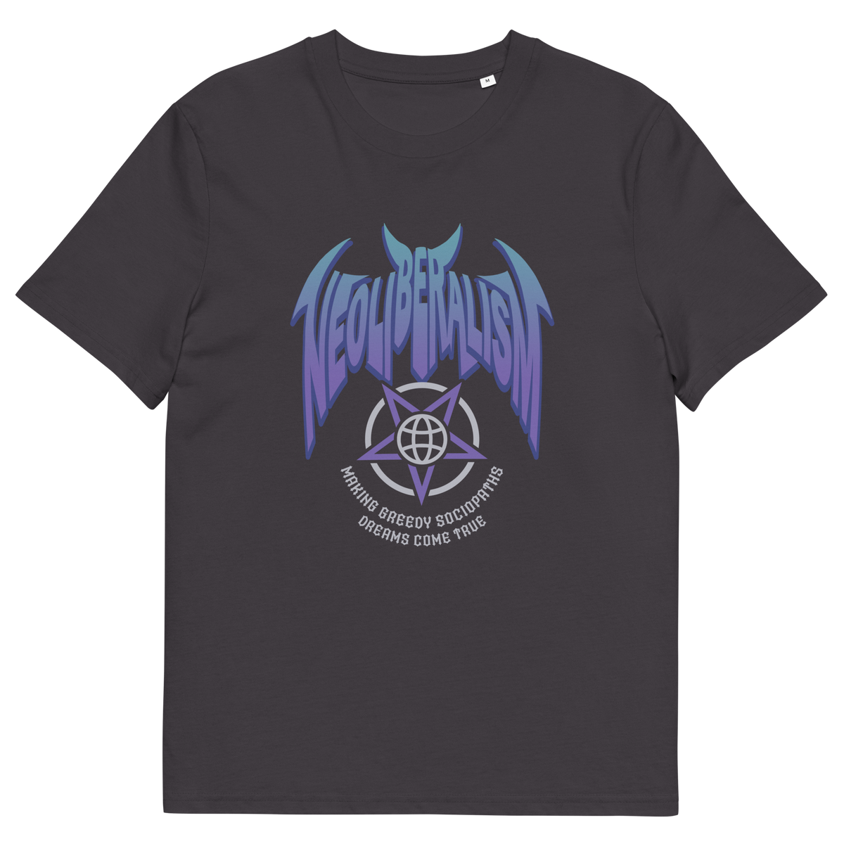 Anthracite grey t-shirt with "NEOLIBERALISM" logo.