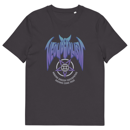 Anthracite grey t-shirt with "NEOLIBERALISM" logo.