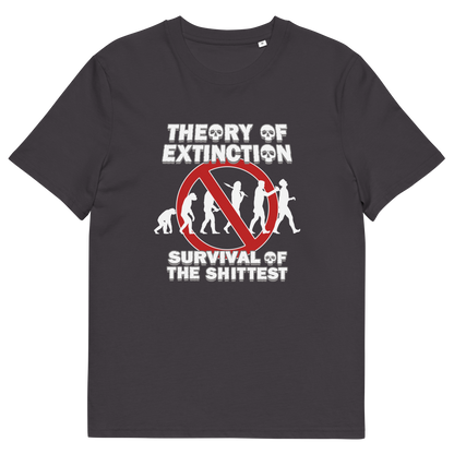 Anthracite grey t-shirt with a graphic on the front. The graphic features the text 'THEORY OF EXTINCTION' and 'SURVIVAL OF THE SHITTEST' in white, surrounding a red prohibition sign over white silhouettes of human evolution.